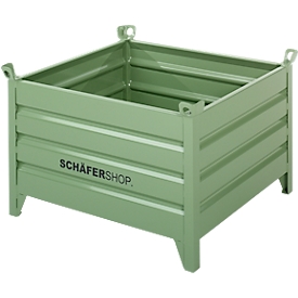 Schäfer Shop Select transport and stacking container, with fixed walls, W 850 x D 550 x H 670 mm, reseda green RAL 6011, up to 800 kg