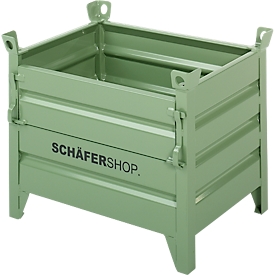 Schäfer Shop Select transport and stacking container, with flap, W 850 x D 650 x H 670 mm, reseda green RAL 6011, up to 800 kg