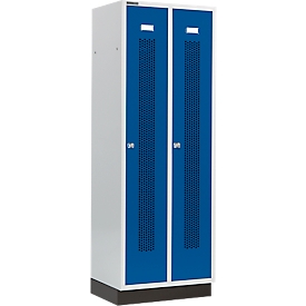 Schäfer Shop Select Vestiaire, à bandes perforées, 2 compartiments, 300 mm, sur socle, serrure à cylindre, porte bleu gentiane