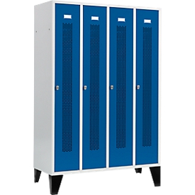 Schäfer Shop Select Vestiaire à bandes perforées, 4 compartiments, sur pieds, serrure à came batteuse, porte bleu gentiane