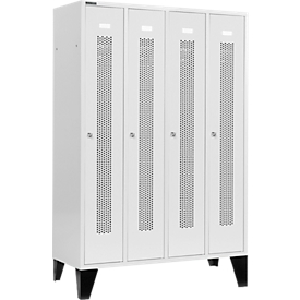 Schäfer Shop Select Vestiaire à bandes perforées, 4 compartiments, sur pieds, serrure à cylindre, porte gris clair