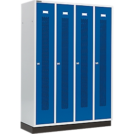Schäfer Shop Select Vestiaire à bandes perforées, 4 compartiments, sur socle, serrure à cylindre, porte bleu gentiane