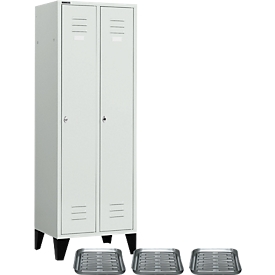 Schäfer Shop Select Vestiaire, avec pieds, 2 compartiments avec aménagement intérieur, fermeture à loquet rotatif, 3 égouttoirs à chaussures, acier, gris clair/gris clair