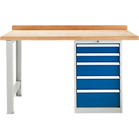 Schäfer Shop Select Werkbank, 5 Schübe, Grundeinheit, B 1500 mm, lichtgrau RAL 7035/enzianblau RAL 5010 