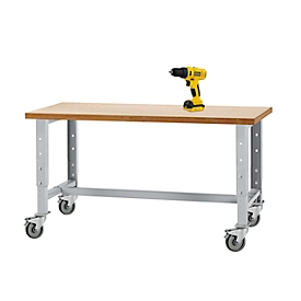 Schäfer Shop Select Werkbank mobil 1500×700, H 676–888 mm, 200 kg, 4 Lenkrollen, gratis STANLEY FATMAX FMC011S2