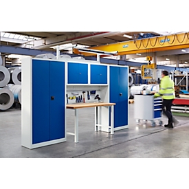 Schäfer Shop Select Werkstatt Schranksystem, B 3100 x T 700 x H 2345 mm, Multiplexplatte, lichtgrau RAL 7035/enzianblau RAL 5010