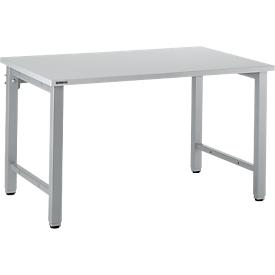 Schäfer Shop Select werktafel, handmatig in hoogte verstelbaar, 4-poots frame, B 1200 x D 800 x H 680-960 mm, hout &amp; staal, blank aluminium/wit aluminium