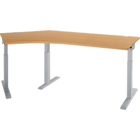 Schäfer Shop Select Winkelschreibtisch ERGO-T 2.0, 135° Winkel, Ansatz links, T-Fuß, B 2165 x T 800 x H 675-895 mm, Buche/weißalu