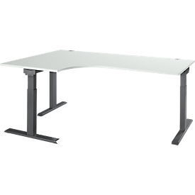 Schäfer Shop Select Winkelschreibtisch ERGO-T 2.0, 90° Winkel, Ansatz links, T-Fuß, B 2000 x T 1200/800 x H 675-895 mm, lichtgrau/anthrazit