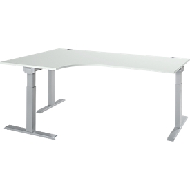 Schäfer Shop Select Winkelschreibtisch ERGO-T 2.0, 90° Winkel, Ansatz links, T-Fuß, B 2000 x T 1200/800 x H 675-895 mm, lichtgrau/weißalu 