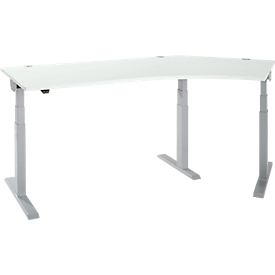 Schäfer Shop Select Winkelschreibtisch ERGO-T 2.0, elektrisch höhenverstellbar, 135° Winkel rechts, T-Fuß, B 2185 mm, lichtgrau/weißalu