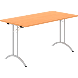 Schäfer Shop Table pliante Select, rectangulaire, piétement en double T, ferrure spéciale de pliage &amp; compensation au sol, L 1400 x P 700 x H 720 mm, décor hêtre/argent alu