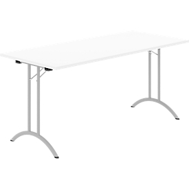 Schäfer Shop Table pliante Select, rectangulaire, piétement en double T, ferrure spéciale de pliage &amp; compensation au sol, L 1600 x P 700 x H 720 mm, blanc/aluminium
