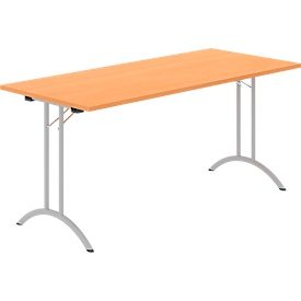 Schäfer Shop Table pliante Select, rectangulaire, piétement en double T, ferrure spéciale de pliage &amp; compensation au sol, L 1600 x P 700 x H 720 mm, décor hêtre/argent alu