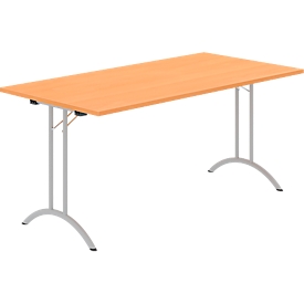 Schäfer Shop Table pliante Select, rectangulaire, piétement en double T, ferrure spéciale de pliage &amp; compensation au sol, L 1600 x P 800 x H 720 mm, décor hêtre/argent alu