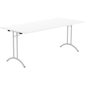 Schäfer Shop Table pliante Select, rectangulaire, piétement en double T, ferrure spéciale de pliage &amp; compensation au sol, L 1800 x P 800 x H 720 mm, blanc/aluminium
