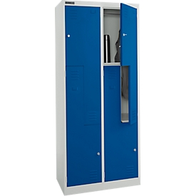 Schäfer Shop Vestiaire Select, 4 compartiments avec tablette supérieure &amp; tringle à vêtements ainsi que 4 casiers, portes en Z, serrure à cylindre, avec socle, L 800 x P 450 x H 1850 mm, acier revêtu par poudre, gris clair/bleu gentiane