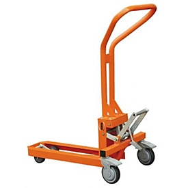 Schefer Palettenheber DPH02, manuell, Traglast 200 kg, Gabellänge 580 mm, L 840 x B 505 x H 1065 mm, orange