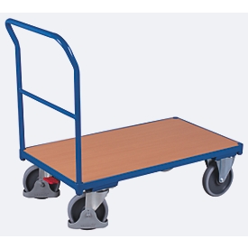 Schiebebügelwagen, Stahl/MDF-Platte, Enzianblau/Buche-Dekor, L 1030 x B 700 mm, mit Querstrebe, TPE-Rollen mit EasySTOP, bis 500 kg