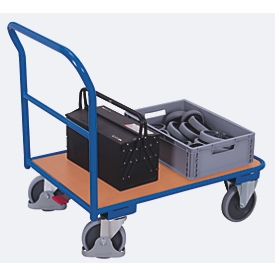 Schiebebügelwagen, Stahl/MDF-Platte, Enzianblau/Buche-Dekor, L 850 x B 500 mm, mit Querstrebe, TPE-Rollen mit EasySTOP, bis 400 kg