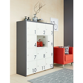 Schließfachschrank, B 1250 x T 430 x H 1548 mm, 12 abschließbare Fächer mit Zahlen, weiß/basaltgrau