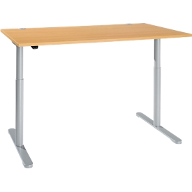 Schreibtisch, einstufig elektrisch höhenverstellbar, T-Fuß Rundrohr, B 1600 x T 800 x H 710-1180 mm, Buche/weißaluminium