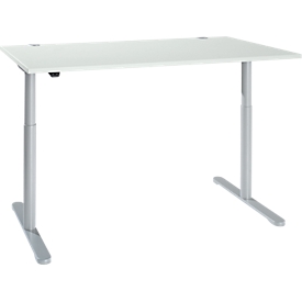 Schreibtisch, einstufig elektrisch höhenverstellbar, T-Fuß Rundrohr, B 1600 x T 800 x H 710-1180 mm, lichtgrau/weißaluminium