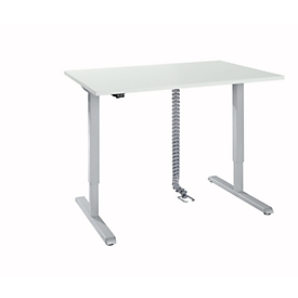 Schreibtisch, elektrisch höhenverstellbar, inkl. Kabelkette & Kabelkanal, Rechteck, T-Fuß, B 1200 x T 800 x H 715-1205 mm, lichtgrau/weißaluminium
