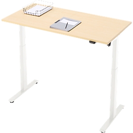 Schreibtisch, elektrisch höhenverstellbar, Rechteck, T-Fuß, B 1300 x T 650 x H 720-1200 mm, Ahorn-Dekor/weiß
