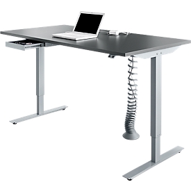 Schreibtisch, elektrisch höhenverstellbar, Rechteck, T-Fuß, B 1600 mm, graphit/weißalu + Schublade & Kabelspirale