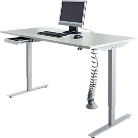 Schreibtisch, elektrisch höhenverstellbar, Rechteck, T-Fuß, B 1600 mm, lichtgrau/weißalu + Schublade & Kabelspirale