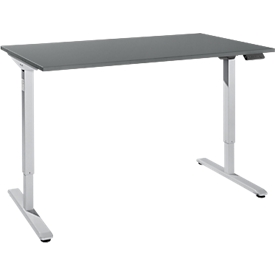 Schreibtisch, elektrisch höhenverstellbar, Rechteck, T-Fuß, B 1600 x T 800 x H 755-1255 mm, graphit/weißalu + Memory-Bedienpanel, Kabelkanal
