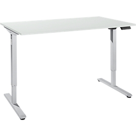 Schreibtisch, elektrisch höhenverstellbar, Rechteck, T-Fuß, B 1600 x T 800 x H 755-1255 mm, lichtgrau/weißalu + Memory-Bedienpanel, Kabelkanal