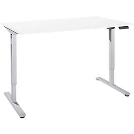 Schreibtisch, elektrisch höhenverstellbar, Rechteck, T-Fuß, B 1600 x T 800 x H 755-1255 mm, weiß/weißalu + Memory-Bedienpanel, Kabelkanal