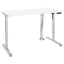 Schreibtisch, elektrisch höhenverstellbar, Rechteck, T-Fuß, B 1600 x T 800 x H 755-1255 mm, weiß/weißalu + Memory-Bedienpanel, Kabelspirale