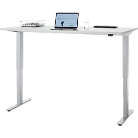 Schreibtisch, elektrisch höhenverstellbar, T-Fuß ohne Traverse, B 1600 x T 800 x H 605–1265 mm, lichtgrau/silber