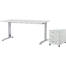 Schreibtisch, manuell höhenverstellbar, C-Fuß, B 1600 x T 800 x H 660-820 mm, lichtgrau/weißaluminium + Schäfer Shop Pure Rollcontainer 333