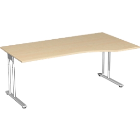 Schreibtisch mit Ansatz PALENQUE, C-Fuß, Freiform, manuelle Höhenverstellung, Ansatz rechts, B 1800 x T 800/1000 x H 680-820 mm, Ahorn-Dekor