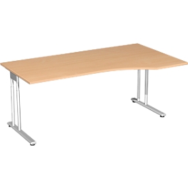 Schreibtisch mit Ansatz PALENQUE, C-Fuß, Freiform, manuelle Höhenverstellung, Ansatz rechts, B 1800 x T 800/1000 x H 680-820 mm, Buche-Dekor