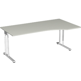Schreibtisch mit Ansatz PALENQUE, C-Fuß, Freiform, manuelle Höhenverstellung, Ansatz rechts, B 1800 x T 800/1000 x H 680-820 mm, lichtgrau