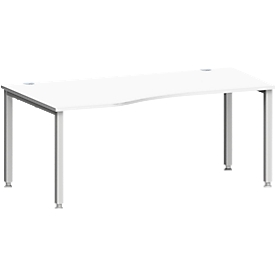 Schreibtisch MODENA FLEX, Freiform, Ansatz links, 4-Fuß Quadratrohr, B 1800 x T 1000/800 x H 720-820 mm, weiß/weißaluminium