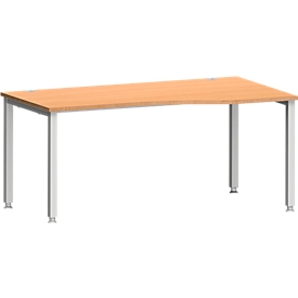 Schreibtisch MODENA FLEX, Freiform, Ansatz rechts, 4-Fuß Quadratrohr, B 1800 x T 1000/800 x H 720-820 mm, Buche/weißaluminium