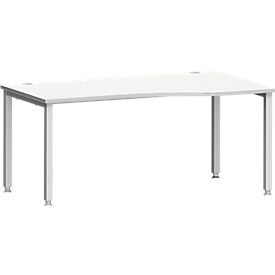 Schreibtisch MODENA FLEX, Freiform, Ansatz rechts, 4-Fuß Quadratrohr, B 1800 x T 1000/800 x H 720-820 mm, lichtgrau/weißaluminium