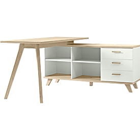 Schreibtisch OSLO mit Sideboard, B 1440 x T 1450 x H 750 mm, weiß/Sanremo-Eiche-Nb.