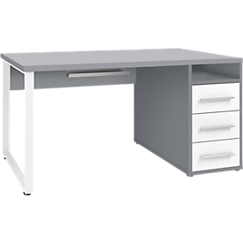 Schreibtisch Player, mit Schubladen, Kabeldurchlass & Kabelablage, Breite 1500 mm, platingrau/weißglas