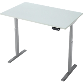Schreibtisch, Rechteck, elektrisch höhenverstellbar, T-Fuß, B 1200 x T 800 x H 620-1280 mm, inkl. Memory Master, lichtgrau/silber