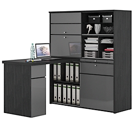 Schreibtisch-Schrank-Kombination Minioffice, ausziehbare Tischplatte, B 1268 x T 1850 x H 1495 mm, Korpus Eiche, grau / Front Hochglanz, grau