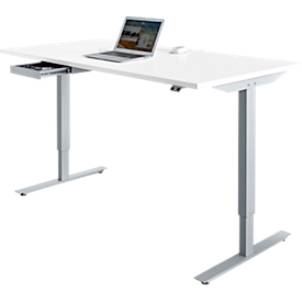 Schreibtisch START UP, elektrisch höhenverstellbar, Rechteck, T-Fuß, B 1600 x T 800 x H 705-1205 mm, lichtgrau/weißaluminium + Zubehörschublade 