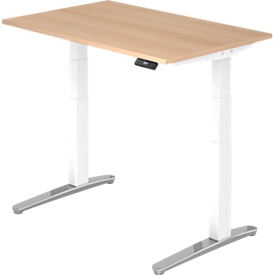 Schreibtisch TOPAS LINE, elektrisch höhenverstellbar, C-Fuß, B 1200 x T 800 x H 650-1300 mm, Eiche/weißaluminium + Memoryschalter, Kabelkanal
