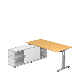 Schreibtisch ULM mit Sideboard, manuell höhenverstellbar, Rechteck, T-Fuß, B 1600 mm, Buche-Dekor